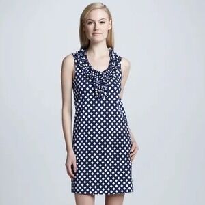 Kate Spade Lucille New York Blue‎ White Diamond Ruffle Neck Shift Dress NJMU2367